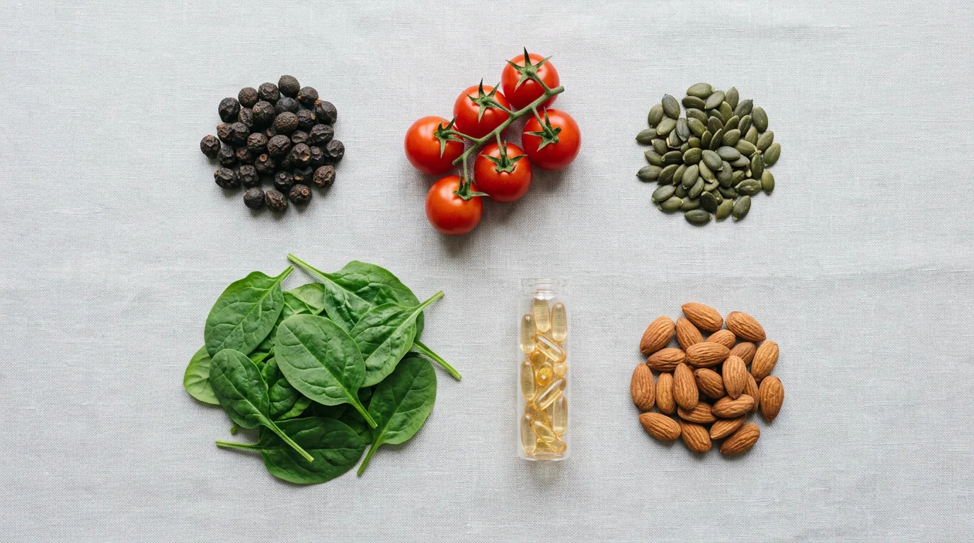 Natural supplement ingredients flat lay: saw palmetto berries, tomatoes, pumpkin seeds, spinach, almonds on grey surface