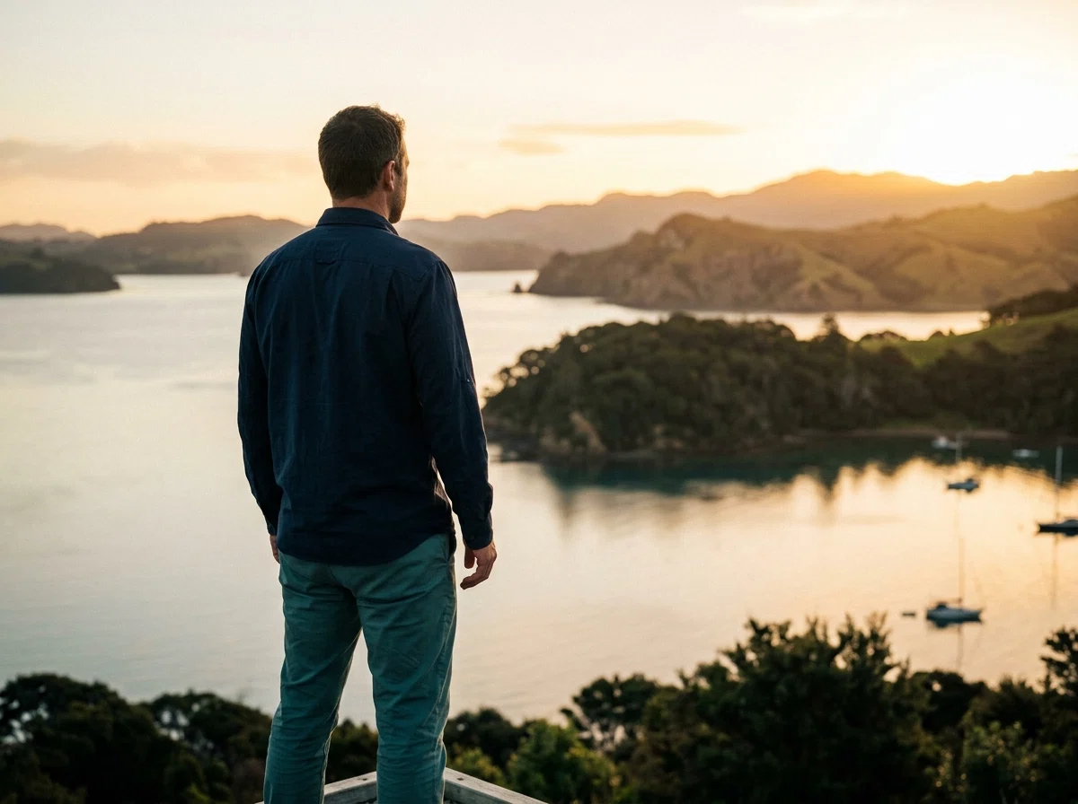 Anonymous man looking out over New Zealand harbour at sunrise - men's wellness lifestyle